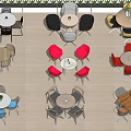 Various Colored And Styled Dining Chair Table Sets On Light Colored Floor With Green Plants