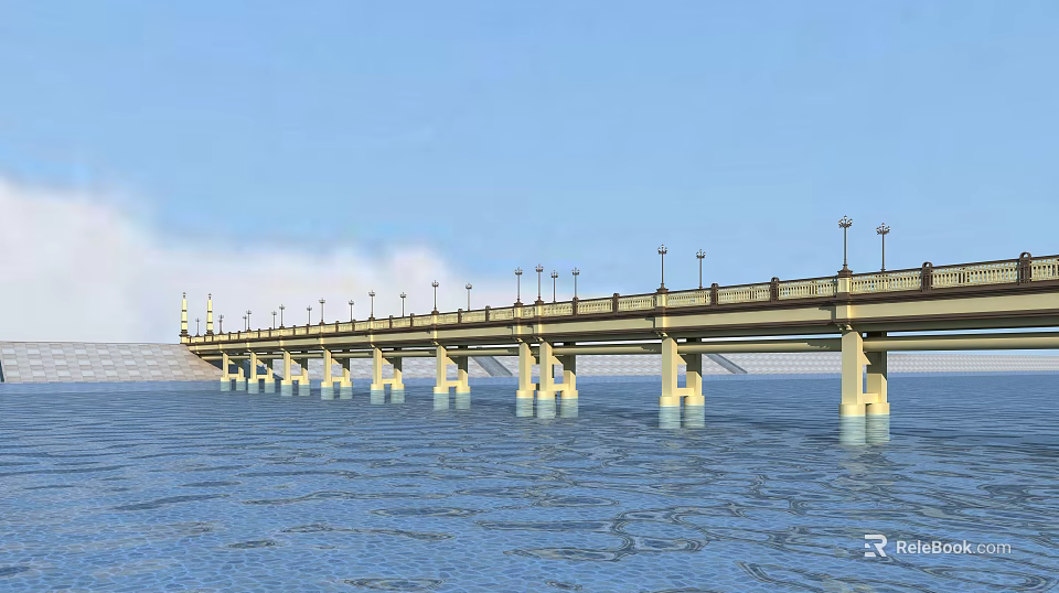 Scenic Bridge Over Blue Water With Street Lamps And Concrete Piers 3d model 