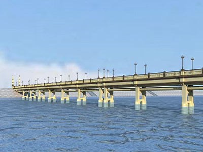 Scenic Bridge Over Blue Water With Street Lamps And Concrete Piers 3d model