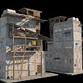 Dilapidated Multi Story Buildings With Rusted Metal Structures And Broken Roofs