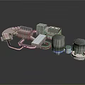 Metallic Industrial Scene Components With Cylindrical Towers Square Structures And Blue Lights
