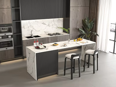 Modern Kitchen Bar Counter With Marble Top Bar Stools Fruits Drinks And Appliances 3d model