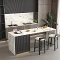 Modern Kitchen Bar Counter With Marble Top Bar Stools Fruits Drinks And Appliances