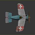 Vintage Toy Biplane with Teal Body White Wings Red Cross K59 and Wooden Propeller