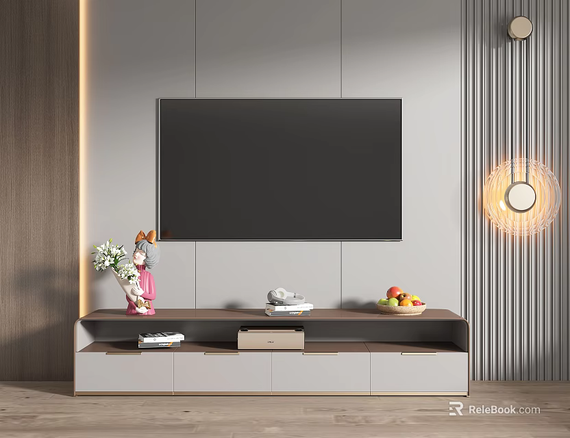 Modern TV Stand with Wall Mounted TV Storage Drawers Decorative Vase and Fruits 3d model 