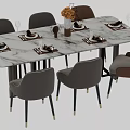 Stylish Dining Table Set Featuring Marble Tabletop Upholstered Chairs Tableware And Flower Vase 3d model