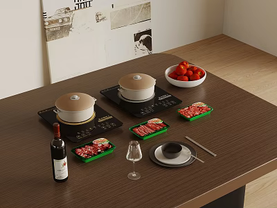 Dining Table Setup With Kitchen Appliances Raw Meat Slices Red Fruit Bowl And Red Wine 3d model