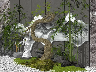 Japanese Dry Landscape Garden Featuring Curved Bonsai Tree Bamboo White Statue Moss and Gravel 3d model