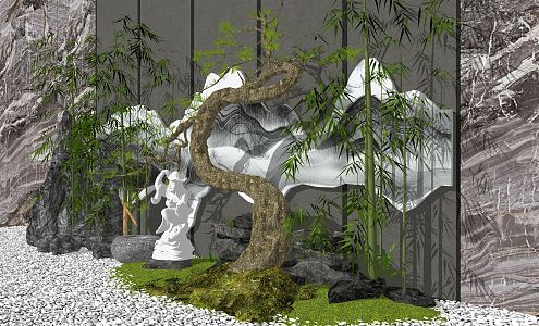 New Chinese style landscape sketch dry landscape Luo Han pine 3d model