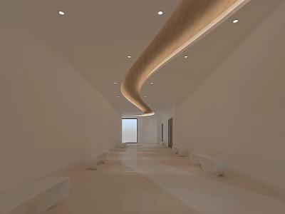 Modern Elevator Hallway Design With White Walls Light Colored Floor And Curved Wooden Ceiling 3d model