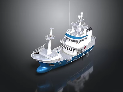 Blue And White Ship Model With Upper Deck Antennas And Navigation Equipment 3d model