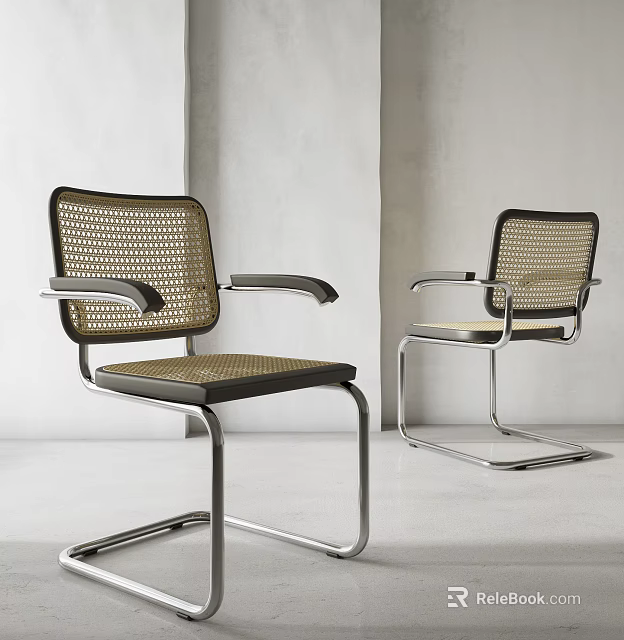 Minimalist Single Chair With Metal Frame Woven Back And Black Armrests 3d model 
