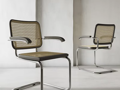 Minimalist Single Chair With Metal Frame Woven Back And Black Armrests 3d model