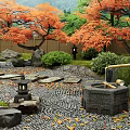 Traditional Japanese Garden Landscape With Orange Maple Trees Stone Lanterns And Gravel