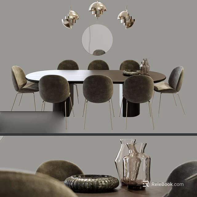 Elegant Round Dining Table Set With Velvet Chairs Metal Legs And Decorative Vase 3d model 