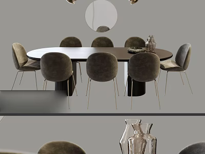 Elegant Round Dining Table Set With Velvet Chairs Metal Legs And Decorative Vase 3d model