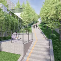 Scenic Urban Garden Landscape with Stone Steps Lush Trees Green Shrubs and Orange Pathway