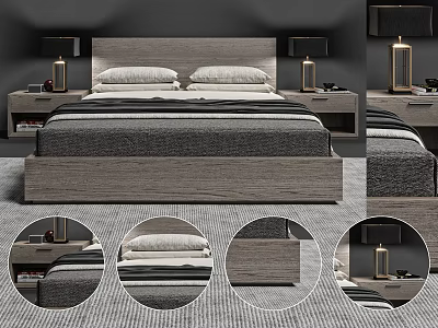 Modern Double Bed Featuring Gray Headboard Plush Pillows Nightstand Lamps And Gray Rug 3d model