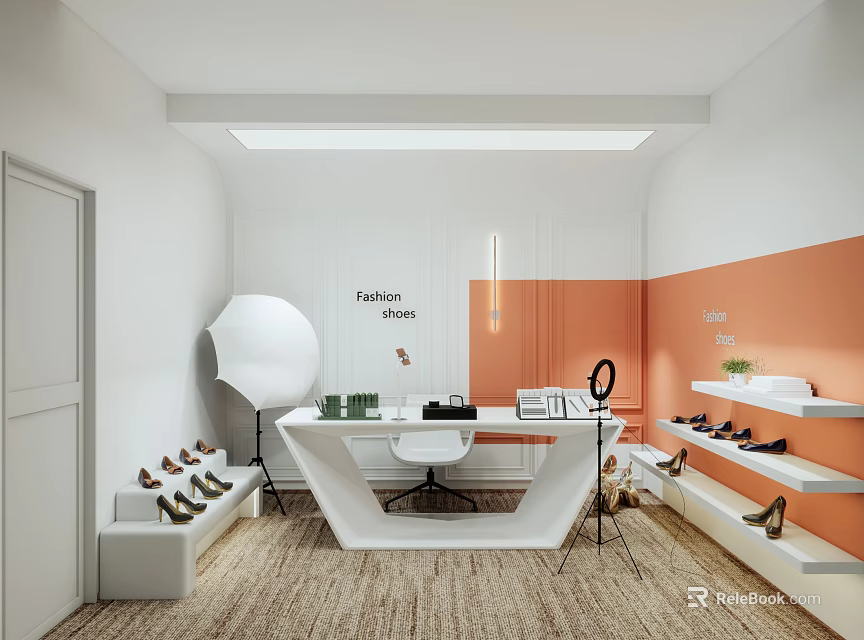 Public Office Space Featuring White Orange Walls Fashion Desk Shoe Display Shelves Floor Lamp Carpet 3d model 