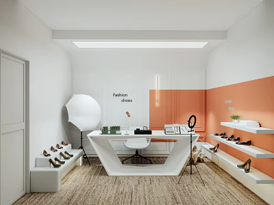 Public Office Space Featuring White Orange Walls Fashion Desk Shoe Display Shelves Floor Lamp Carpet 3d model