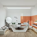 Public Office Space Featuring White Orange Walls Fashion Desk Shoe Display Shelves Floor Lamp Carpet