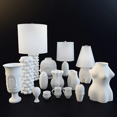 Modern White Ceramic Vessels Collection With Vases Cups And Sculptural Decor 3d model