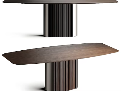 Modern Wooden Dining Table With Ribbed Metal Legs And Smooth Tabletop 3d model