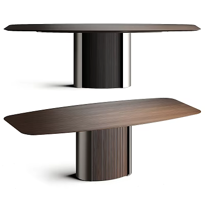 Modern Wooden Dining Table With Ribbed Metal Legs And Smooth Tabletop 3d model