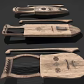 Handcrafted Wooden String Instruments With Intricate Carved Designs And Vintage Accessories