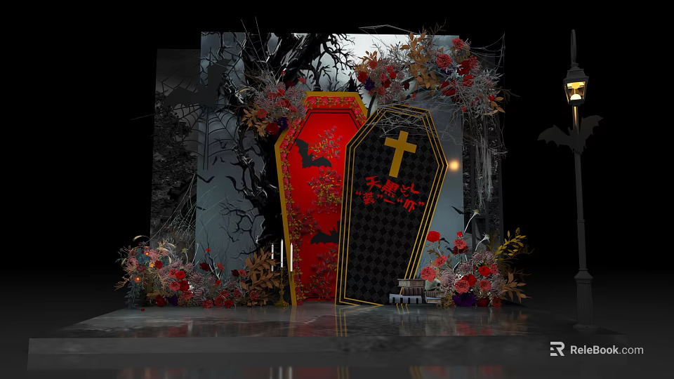 Halloween Photo Check In Spot with Red Black Coffin Cross Floral Decorations Trees Street Lamp 3d model 
