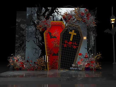 Halloween Photo Check In Spot with Red Black Coffin Cross Floral Decorations Trees Street Lamp 3d model