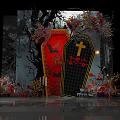 Halloween Photo Check In Spot with Red Black Coffin Cross Floral Decorations Trees Street Lamp