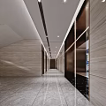 Modern Office Corridor Design With Glass Partitions Marble Flooring And Recessed Lighting