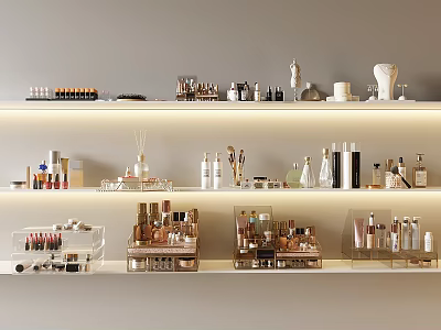 Modern Decorative Ornaments Set On Tiered Display Shelf With Glass Jars And Metal Accents 3d model