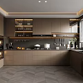 Modern Kitchen Interior With Dark Wooden Cabinets Island Counter And Stainless Steel Appliances