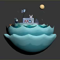 Creative 3D Artwork Featuring Blue Wave Base Small Boat Red Cross And Yellow Sphere