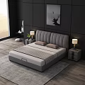 Gray Tufted Double Bed With Pillows Plaid Blanket Nightstands Lamps And Large Window City View