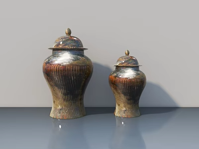 Carved Sculptural Lidded Jars With Metallic Bronze And Gold Textured Design 3d model