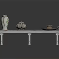 Antique Metal Shelf With Ornate Carved Legs And Three Decorative Teapots