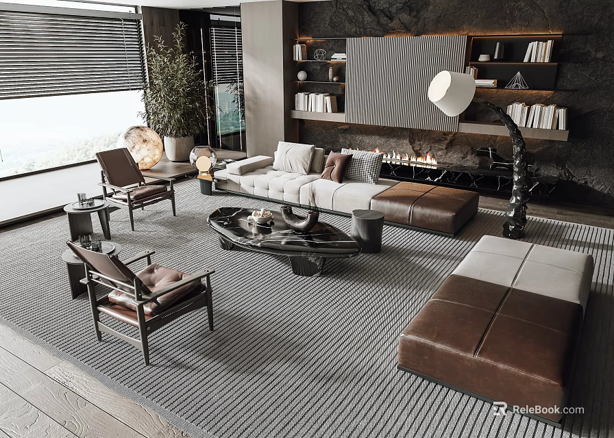 Modern Living Room Sofa And Coffee Table Set With Armchairs Floor Lamp And Bookshelves 3d model 