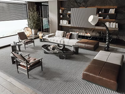 Modern Living Room Sofa And Coffee Table Set With Armchairs Floor Lamp And Bookshelves 3d model