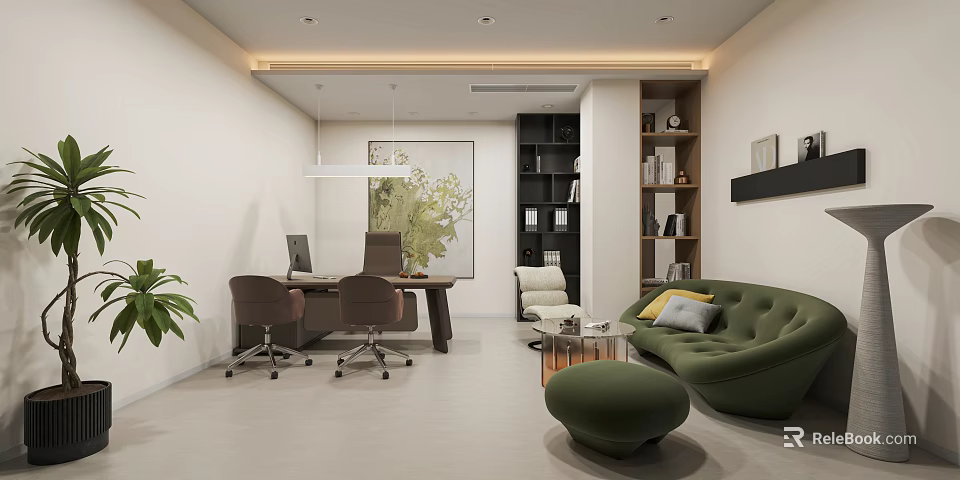 Modern Home Office Lounge Interior With Desk Chairs Green Sofa Bookshelves And Plant 3d model 