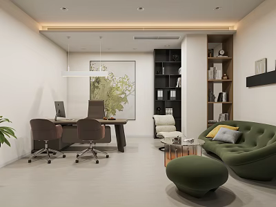 Modern Home Office Lounge Interior With Desk Chairs Green Sofa Bookshelves And Plant 3d model