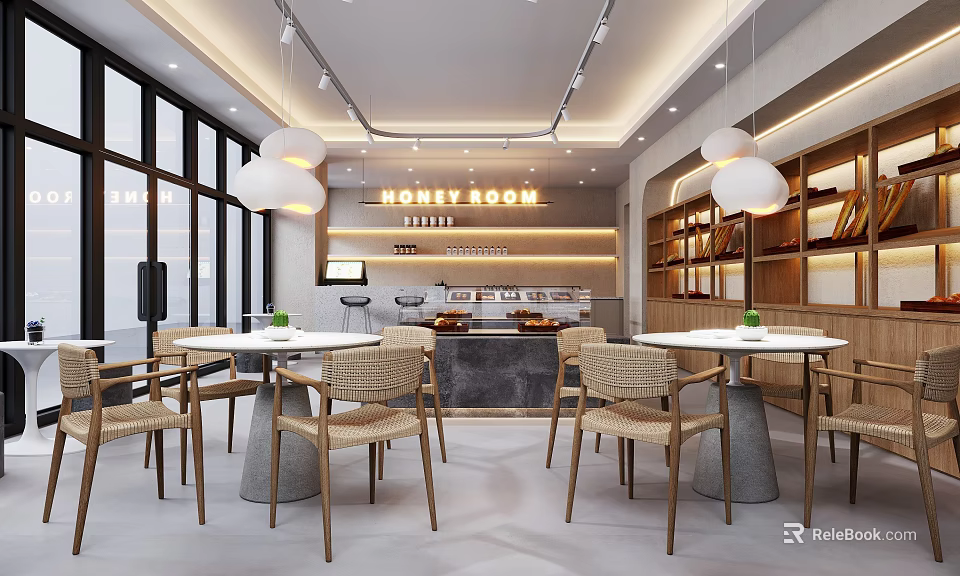 Cozy Dessert Shop Interior With Rattan Chairs Round Tables Hanging Lights And Display Counter 3d model 