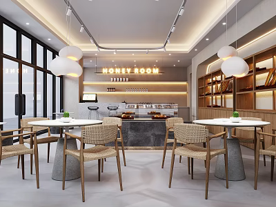 Cozy Dessert Shop Interior With Rattan Chairs Round Tables Hanging Lights And Display Counter 3d model