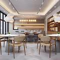 Cozy Dessert Shop Interior With Rattan Chairs Round Tables Hanging Lights And Display Counter