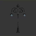 Vintage Street Lamp With Ornate Design Two Illuminated Heads And Black Pole