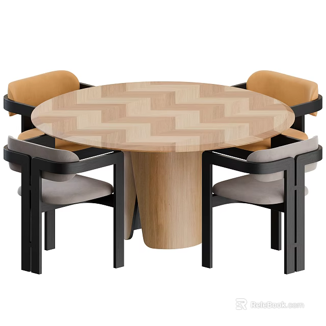 Modern Round Dining Table Set With Wooden Herringbone Top And Four Multi Colored Chairs 3d model