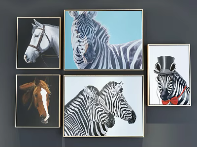 Animal Paintings Featuring Horses And Zebras With Golden Frames On Gray Wall 3d model