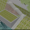 Outdoor Staircase With Stone Wall Green Grass Water Area Metal Grid Fence And Trees